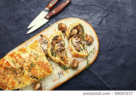 Slice autumn pie with mushrooms ,space for text Slice autumn pie with mushrooms ,space for text 99085937