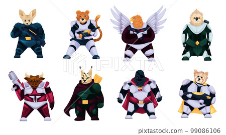 Fantasy animal characters warriors. Colorful flat vector design elements for mobile computer game. Cartoon vector illustration 99086106