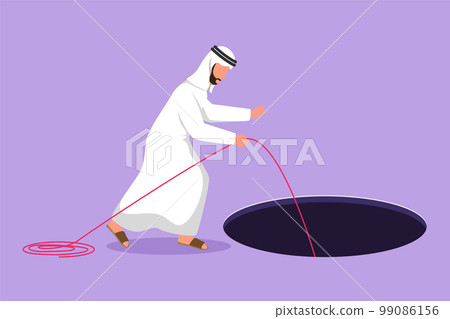 Cartoon flat style drawing Arabian businessman stretch out rope into hole. Man wondering and looking at the big hole, business opportunity, exploration or challenge. Graphic design vector illustration 99086156