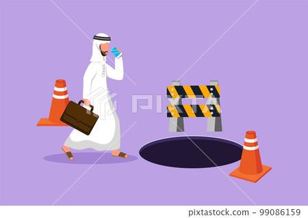 Character flat drawing young Arab businessman talking on cell phone and he does not see the hole in front. Male manager using smartphone and walks to business trap. Cartoon design vector illustration 99086159