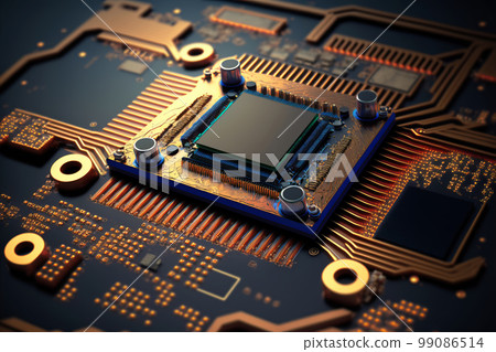 Motherboard with electronic circuits and CPU with glowing neon structures. Abstract cybernetic technologies. Generative AI illustration 99086514