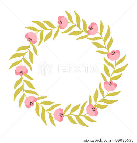 Round frame made of flowers. Spring frame with blooming flowers and leaves. Vector illustration. Flat hand drawn style. 99086553
