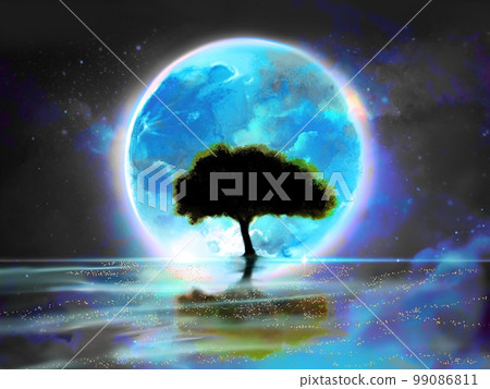 漂浮在水面上的大藍色滿月照亮的大樹陰影輪廓的奇幻景觀背景圖 99086811