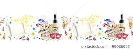 Hand drawn colorful horizontal seamless banner for Purim with mishloah manot basket, Esther scroll, wine, raashan Hand drawn colorful horizontal seamless banner for Purim with mishloah manot basket, Esther scroll, wine, raashan 99086995