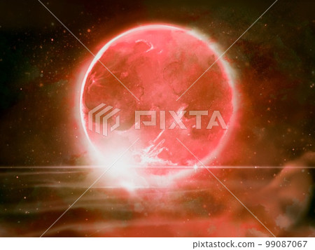 Fantasy background illustration of a big red mysterious full moon setting on the beach Fantasy background illustration of a big red mysterious full moon setting on the beach 99087067