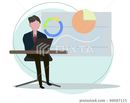 A businessman who analyzes a computer and a graph. Management strategy, sales, desk work. vector illustration A businessman who analyzes a computer and a graph. Management strategy, sales, desk work. vector illustration 99087115