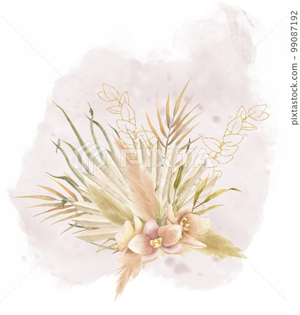 Floral Bouquet in Bohemian style with watercolor Palm leaves, dried pampas grass and beige tropical flowers. Botanical hand drawn Boho illustration on isolated background. Exotic aquarelle plant. Floral Bouquet in Bohemian style with watercolor Palm leaves, dried pampas grass and beige tropical flowers. Botanical hand drawn Boho illustration on isolated background. Exotic aquarelle plant. 99087192