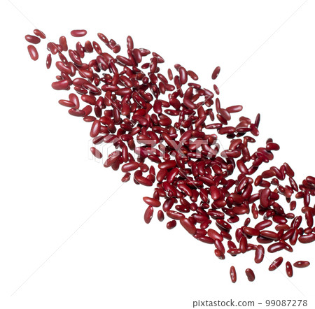 Red Bean flying explosion, red grain beans explode abstract cloud fly. Beautiful complete seed pea bean splash in air, food object design. Selective focus freeze shot white background isolated 99087278