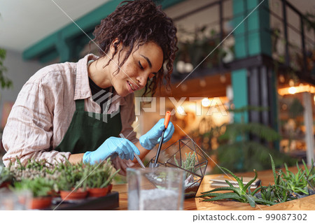 Professional smiling woman florist making succulent plant composition at floral design studio 99087302