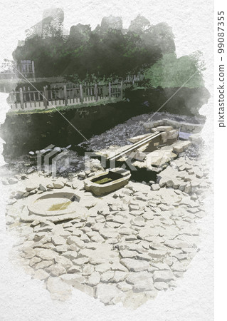 Watercolor style turtle-shaped stonework, Asuka Village, Nara Prefecture 99087355