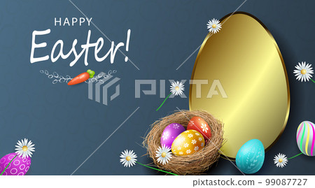 Easter billboard, eggs in a nest, flowers and an oval frame in gold color Easter billboard, eggs in a nest, flowers and an oval frame in gold color 99087727