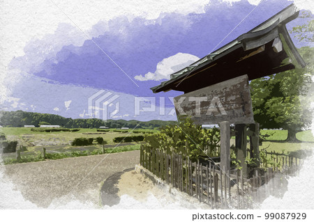Watercolor painting-style ruins of Asuka Itabuki no Miya Palace, Asuka Village, Nara Prefecture 99087929