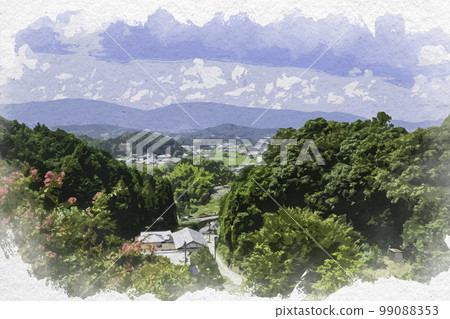 Watercolor-style townscape of Asuka seen from Okadera, Asuka Village, Nara Prefecture 99088353