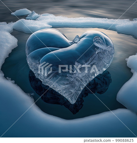 Frozen heart on winter with ice and snow background. Valentines Day, love concept. AI 99088625