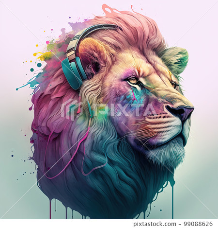 Party lion in headphones listening music on white background. Pop art style with paint splashes in neon colors. Generative AI 99088626
