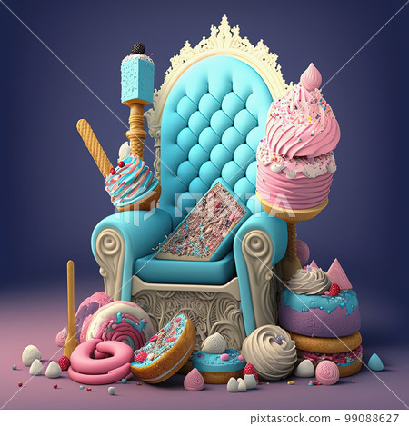 Festive sweet confectionery birthday throne with ice cream, cake, donut, chocolate and decorations. Creative birthday party for children, diet and sugar addiction concept. AI Festive sweet confectionery birthday throne with ice cream, cake, donut, chocolate and decorations. Creative birthday party for children, diet and sugar addiction concept. AI 99088627