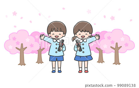 Graduation ceremony Boys and girls standing side by side in front of the cherry blossoms Graduation ceremony Boys and girls standing side by side in front of the cherry blossoms 99089138