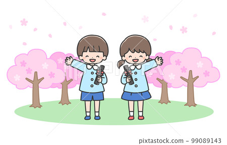 Graduation ceremony Boys and girls standing side by side in front of the cherry blossoms 99089143