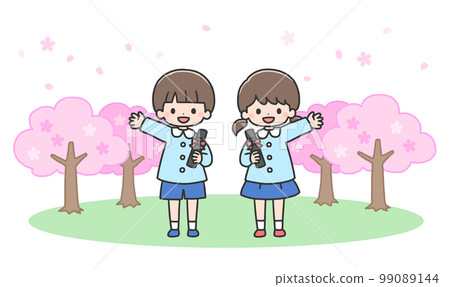 Graduation ceremony Boys and girls standing side by side in front of the cherry blossoms Graduation ceremony Boys and girls standing side by side in front of the cherry blossoms 99089144