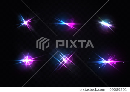 Set of realistic light glare, highlight. Glowing effects. Photography camera light or sunlight reflection from lens. Stars in space. Isolated glints set. 99089201
