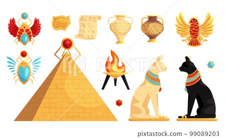 Egyptian hieroglyph and symbol. Ancient culture sing and symbol. Egypt culture set vector isolated icons of gods and sacred animals 99089203