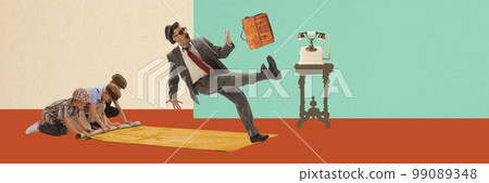 Contemporary art collage. Creative design. Man returning home and falling on moving carpet. Children playing and having fun 99089348