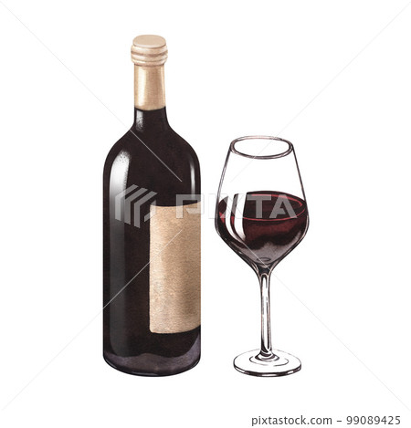 Watercolor illustration of the bottle and one glass of red wine. Picture of a alcoholic drink isolated on the white background. Concept for wine list, label, banner, menu, flyer, brochure template. Watercolor illustration of the bottle and one glass of red wine. Picture of a alcoholic drink isolated on the white background. Concept for wine list, label, banner, menu, flyer, brochure template. 99089425