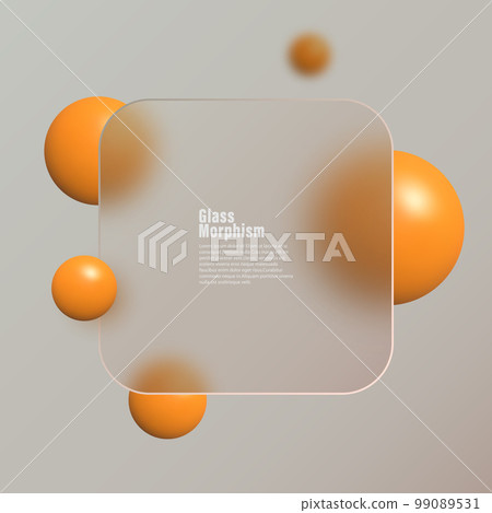 Glassmorphism landing page with square frame. Vector illustration with blurry floating spheres in orange color. 99089531