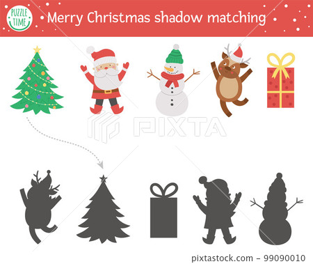 Christmas shadow matching activity for children. Winter puzzle with cute objects. Educational game for kids with fir tree, snowman, deer, present, Santa. Find the correct silhouette printable 99090010