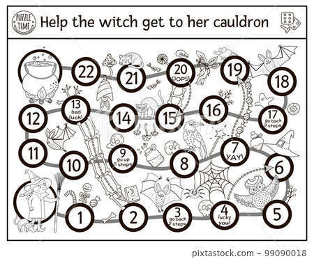Halloween black and white board game for children with cute witch and scary animals. Educational boardgame with witch, broom, black cat, cauldron. Funny printable coloring page. Halloween black and white board game for children with cute witch and scary animals. Educational boardgame with witch, broom, black cat, cauldron. Funny printable coloring page. 99090018