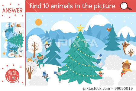 Vector Christmas searching game with cute characters in winter forest. Find hidden animals in the picture. Simple fun educational New Year printable activity for kids. Vector Christmas searching game with cute characters in winter forest. Find hidden animals in the picture. Simple fun educational New Year printable activity for kids. 99090019