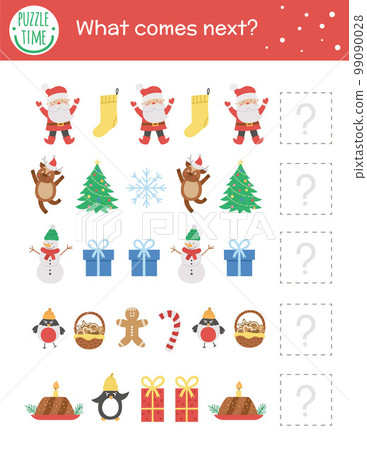 What comes next. Christmas matching activity for preschool children with traditional holiday symbols. Funny educational puzzle. Logical quiz worksheet. Continue the row. Simple winter game for kids 99090028
