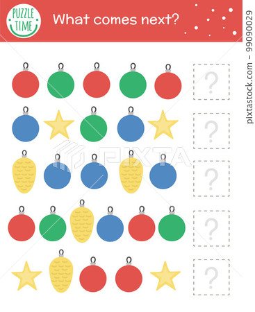 What comes next. Christmas matching activity for preschool children with traditional holiday symbols. Funny educational puzzle with Christmas tree decorations. Continue the row. Simple winter game 99090029