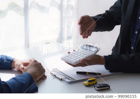 Close up Agency explain agreement contract for loan credit financial, lease and rental concept 99090155