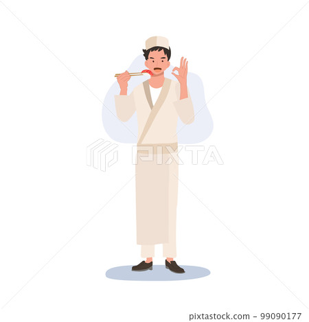 Male sushi chef is holding sushi by chopstick and doing OK hand sign as a good quality and good taste.Flat vector illustration. 99090177