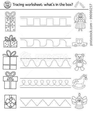 Vector Christmas handwriting practice worksheet. Winter printable black and white activity for pre-school children. Educational tracing game for writing skills with New Year presents Vector Christmas handwriting practice worksheet. Winter printable black and white activity for pre-school children. Educational tracing game for writing skills with New Year presents 99090257