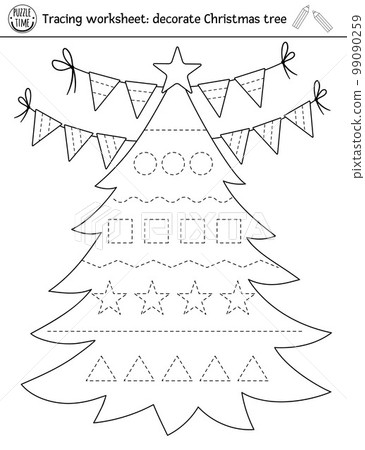 Vector Christmas handwriting practice worksheet. Winter printable black and white activity for pre-school children. Educational tracing game for writing skills. Decorate New Year tree Vector Christmas handwriting practice worksheet. Winter printable black and white activity for pre-school children. Educational tracing game for writing skills. Decorate New Year tree 99090259