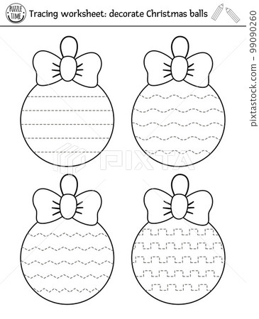 Vector Christmas handwriting practice worksheet. Winter printable black and white activity for pre-school children. Educational tracing game for writing skills. Decorate New Year balls Vector Christmas handwriting practice worksheet. Winter printable black and white activity for pre-school children. Educational tracing game for writing skills. Decorate New Year balls 99090260