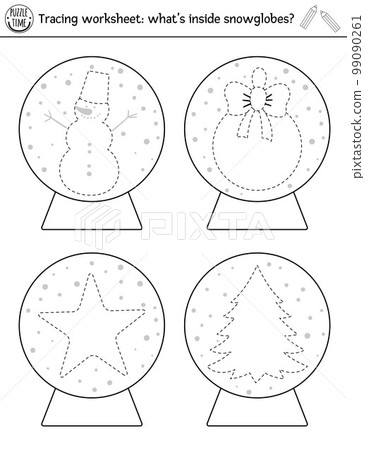 Vector Christmas drawing practice worksheet. Winter printable black and white activity for pre school children. Educational tracing game for writing skills. What is inside snow globes Vector Christmas drawing practice worksheet. Winter printable black and white activity for pre school children. Educational tracing game for writing skills. What is inside snow globes 99090261