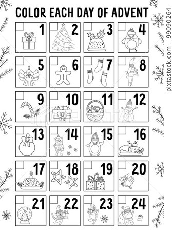 Vector black and white Christmas advent calendar with traditional holiday symbols. Cute winter planner for kids. Festive poster or coloring page design with Santa Claus, fir tree, deer, present Vector black and white Christmas advent calendar with traditional holiday symbols. Cute winter planner for kids. Festive poster or coloring page design with Santa Claus, fir tree, deer, present 99090264