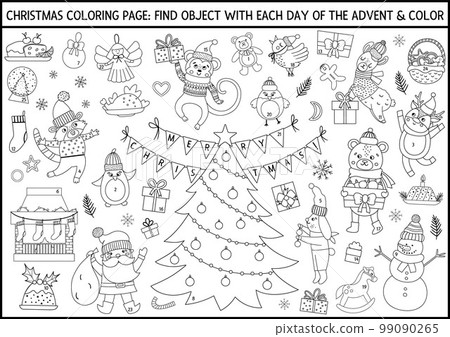 Vector black and white Christmas coloring page and advent calendar with traditional holiday symbols. Cute winter planner for kids. Festive poster design with Santa Claus, fir tree, deer, animals 99090265