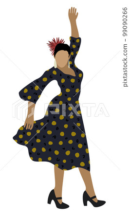 Woman with bright flower in her hair dancing flamenco. Vector illustration isolated on white background. Woman with bright flower in her hair dancing flamenco. Vector illustration isolated on white background. 99090266