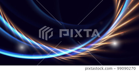 Abstract technology futuristic neon curved glowing blue light lines with speed motion blur effect on dark blue background. Abstract technology futuristic neon curved glowing blue light lines with speed motion blur effect on dark blue background. 99090270
