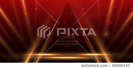 Elegant golden triangle glowing with lighting effect sparkle on red background. Template premium award design. Elegant golden triangle glowing with lighting effect sparkle on red background. Template premium award design. 99090343