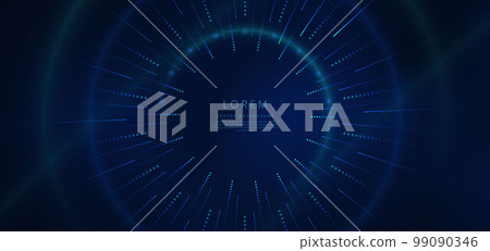 Abstract technology futuristic neon circle glowing blue light dot lines on dark blue background. 99090346