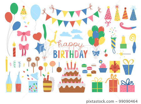Set of cute Birthday design elements. Party celebration clipart collection. Vector holiday pack with bright presents, cake with candles, balloons, flags. Happy anniversary icons isolated on white 99090464