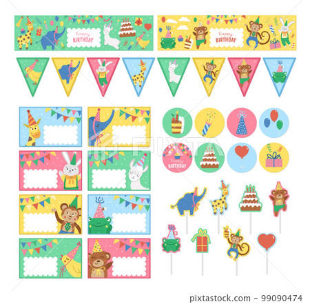 Set of Birthday party templates with cute animals. Anniversary greeting and placement card, toppers, avatars and flags collection. Bright pre-made holiday event designs for kids. Candy bar decoration 99090474