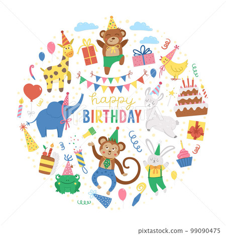 Vector round frame with happy Birthday elements. Traditional anniversary party clipart. Funny design for banners, posters, invitations. Cute festive holiday card template in circle shape. 99090475