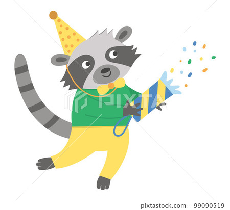 Vector cute raccoon with cracker in birthday hat. Funny b-day animal for card, poster, print design. Bright holiday illustration for kids. Cheerful celebration character icon isolated on white Vector cute raccoon with cracker in birthday hat. Funny b-day animal for card, poster, print design. Bright holiday illustration for kids. Cheerful celebration character icon isolated on white 99090519