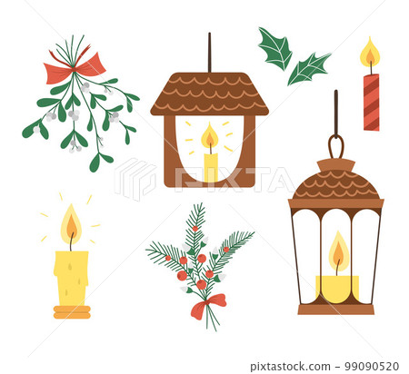 Vector set of lanterns with candles, holly leaves and mistletoe bunch isolated on white background. Cute funny illustration of new year symbol. Christmas flat style lights for decorations. Vector set of lanterns with candles, holly leaves and mistletoe bunch isolated on white background. Cute funny illustration of new year symbol. Christmas flat style lights for decorations. 99090520
